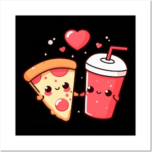 Kawaii Pepperoni Pizza Slice and Cola Drink with Hearts | Pizza and Chill | Pizza Lovers Posters and Art